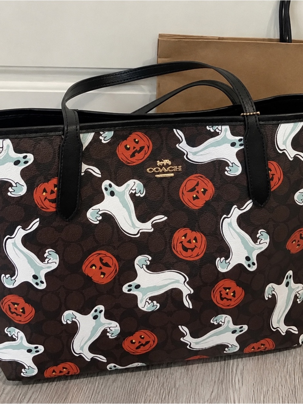 Coach Brown Leather-Trim Halloween Ghost & Pumpkin Tote